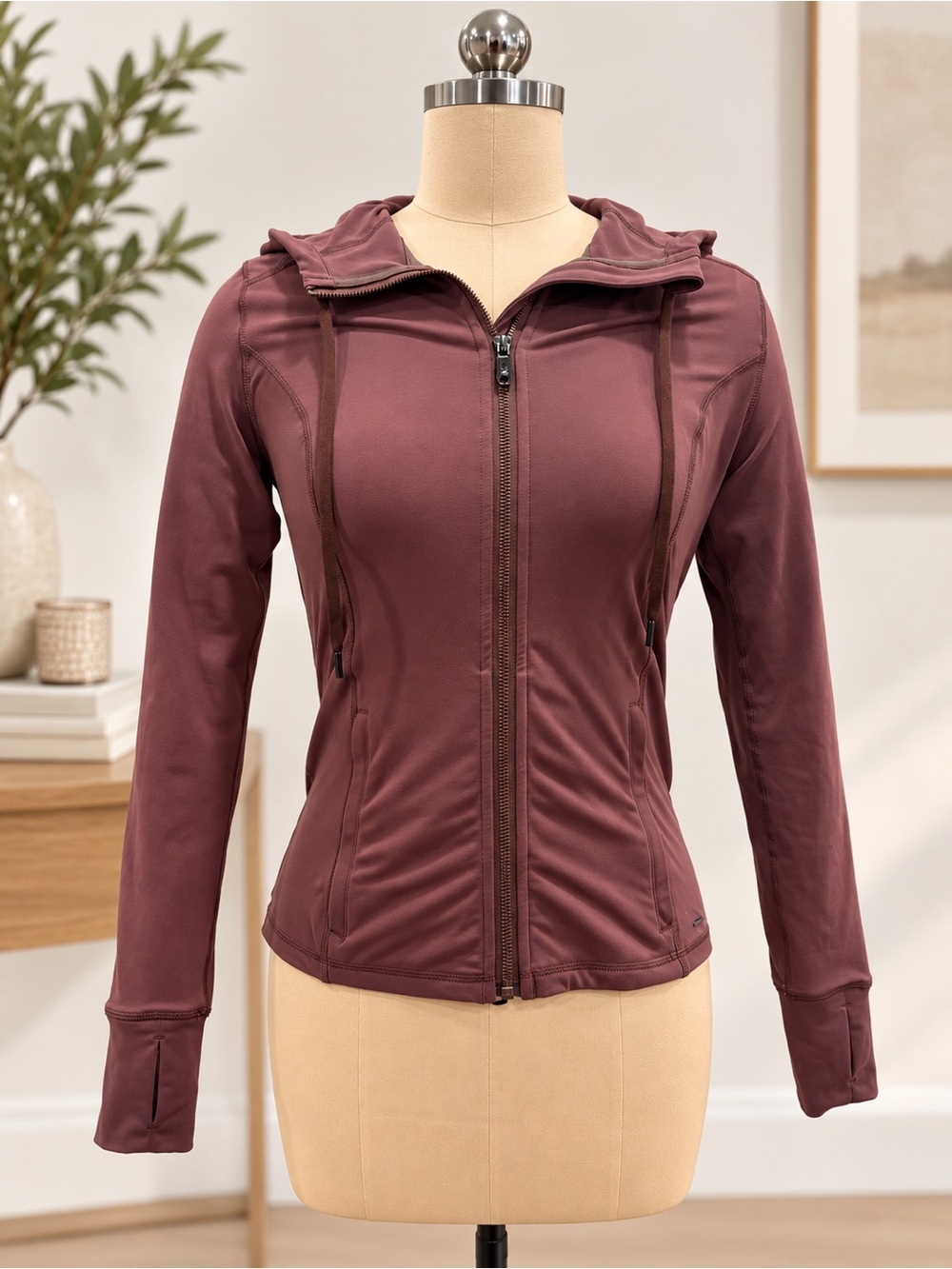 CRZ YOGA Mauve Brown Full Zip Hooded Workout Jacket Thumbholes Size S